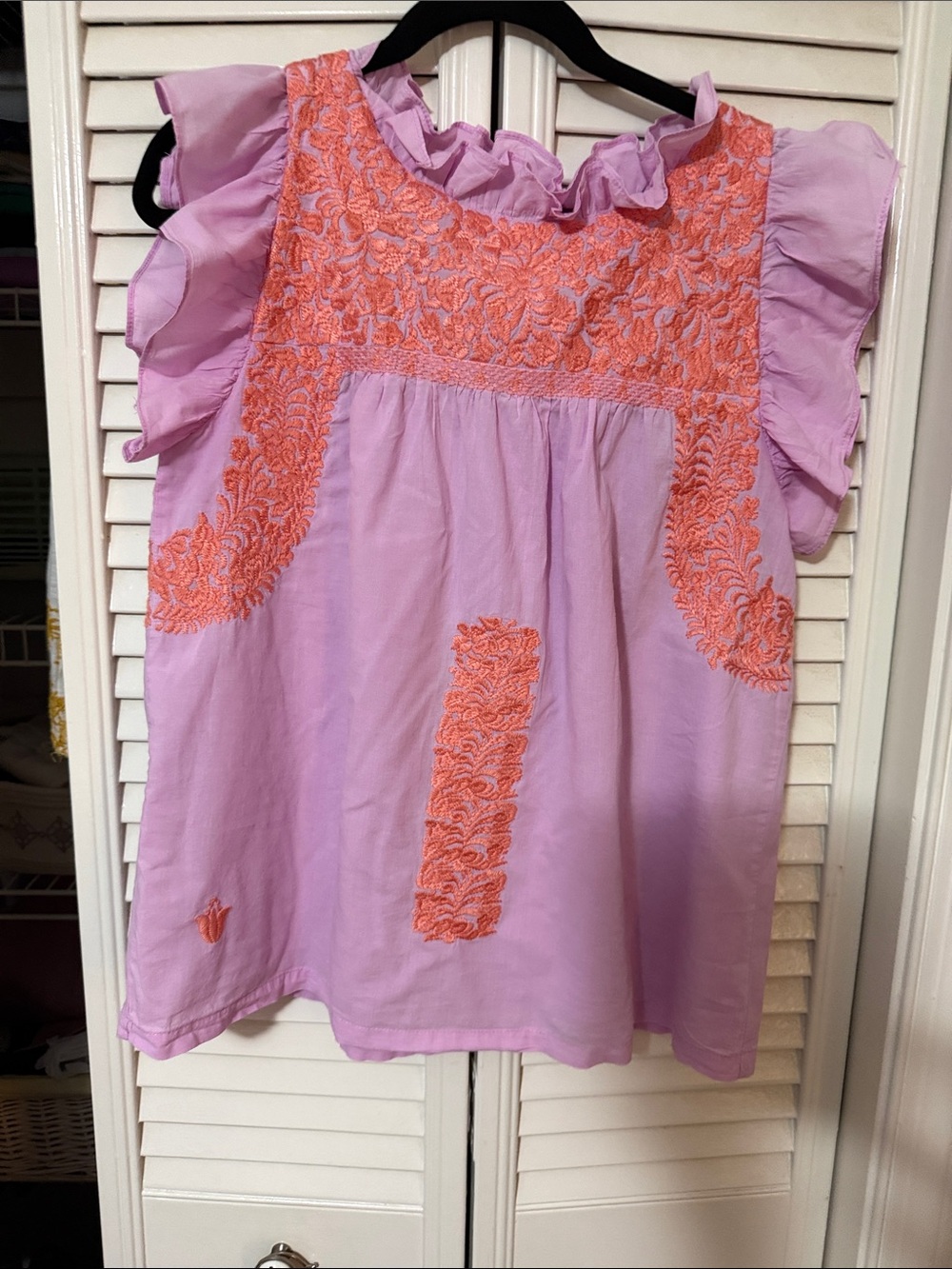 Lavender Ruffle Sleeve Embroidered Blouse with Coral Accents